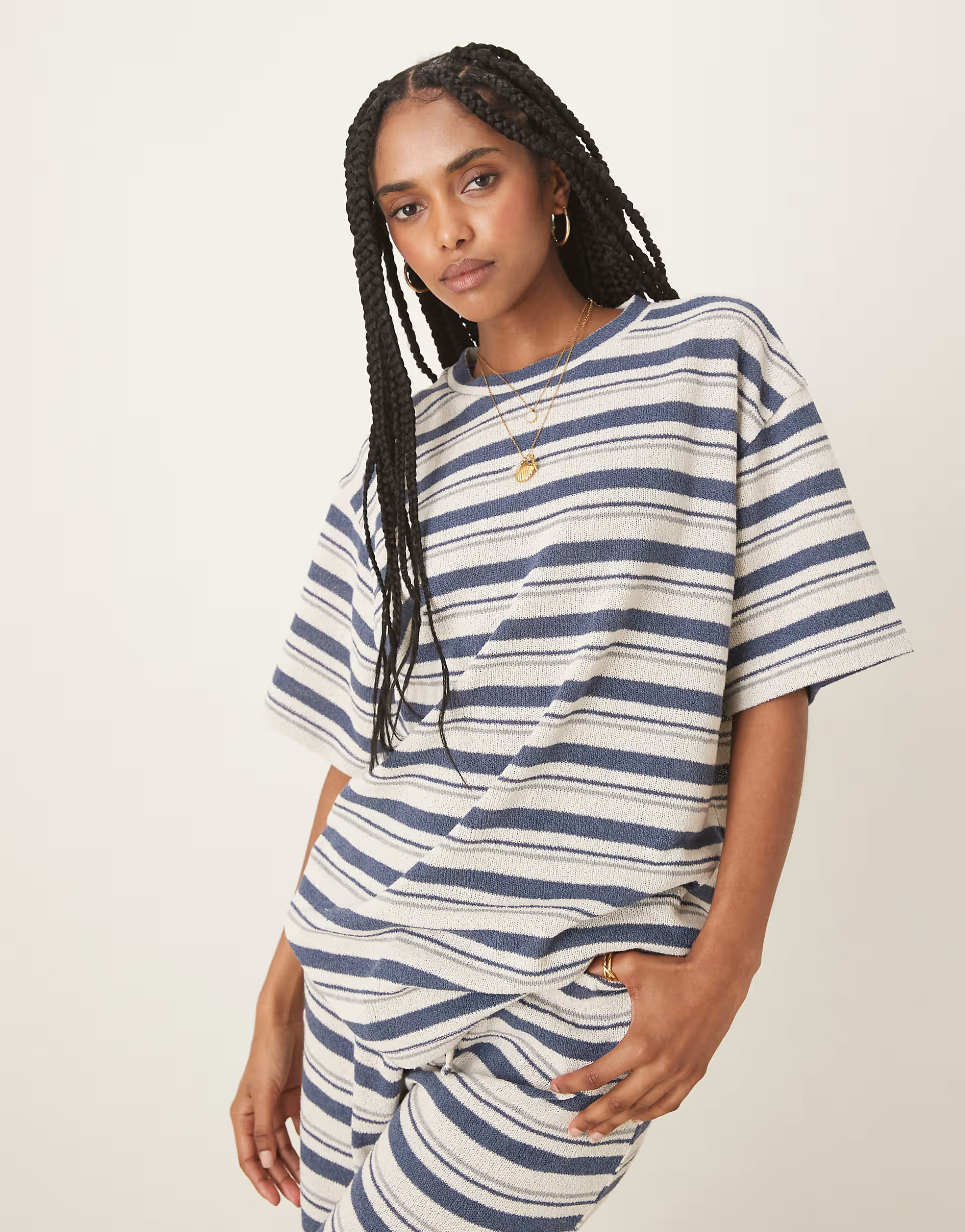 ASOS DESIGN oversized t-shirt co-ord in knitted navy stripe | ASOS (Global)