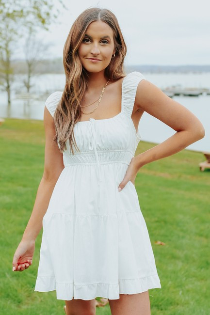 Square Neck White Gathered Tiered Dress | Magnolia Boutique