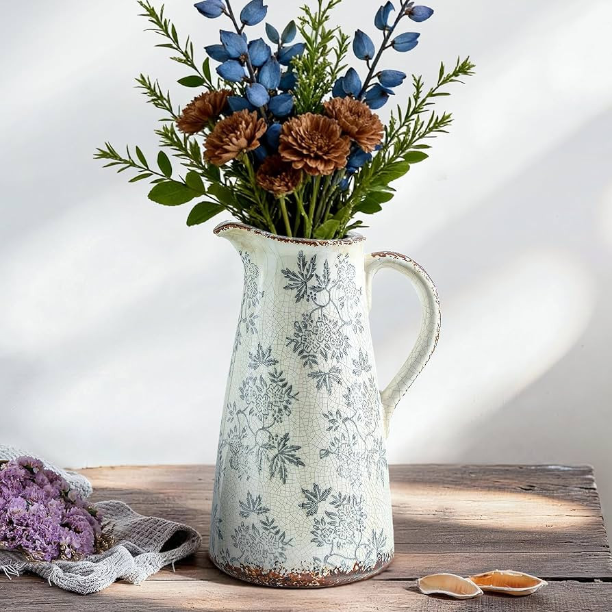 Enra Blue and White vase with Handle,12.2 inch Ceramic Vintage Decorative Flower Pitcher vase, La... | Amazon (US)