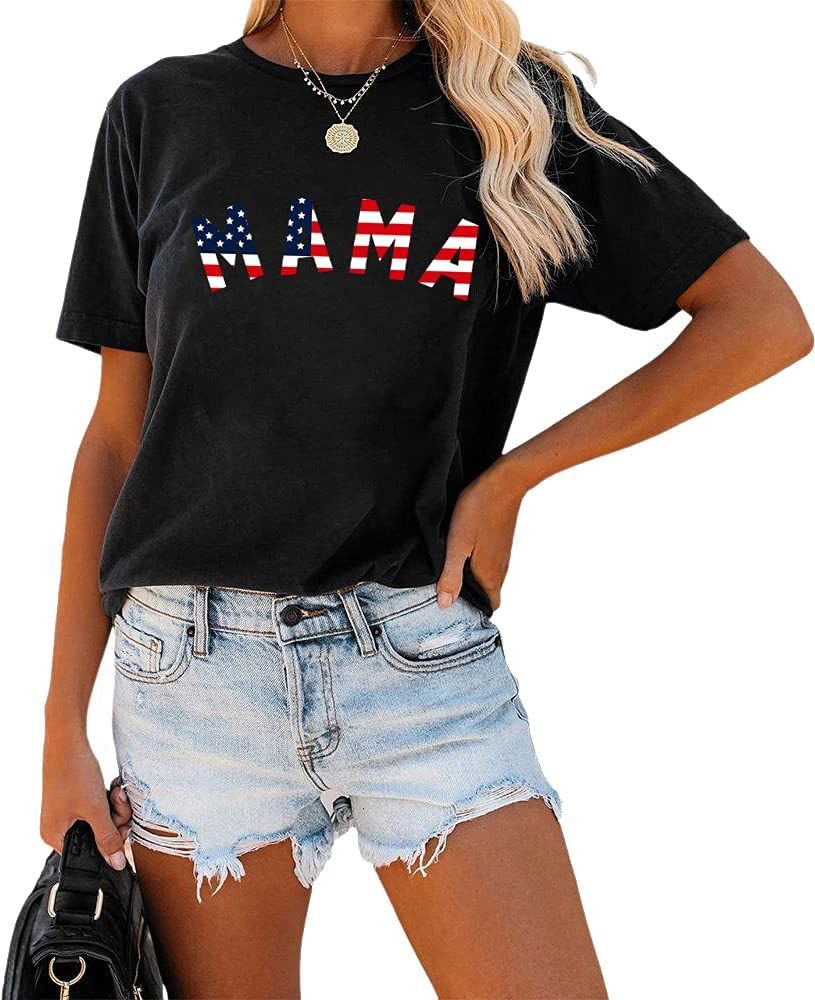 4th of July Shirts for Women American Flag Mama Patriotic T-Shirts Star Stripes USA Tee Tops Indepen | Amazon (US)