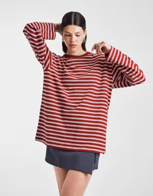 ASOS DESIGN textured knit oversized long sleeve skater t-shirt in burgandy stripe | ASOS (Global)