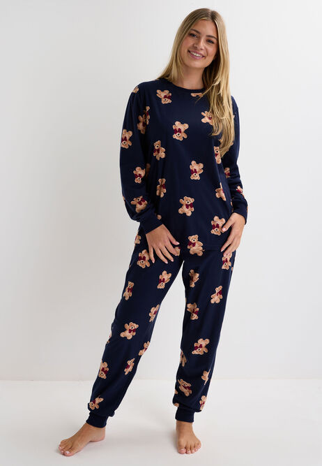 Unisex Navy Teddy Print Family Pyjama | Peacocks