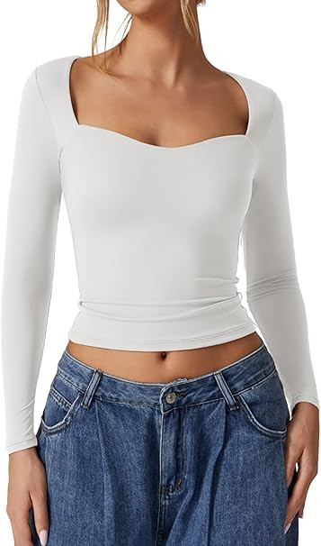 QINSEN Womens Slimming Fit Sweetheart Neck Long Sleeve Basic Crop Tops Stretch Going Out Tee Shir... | Amazon (US)