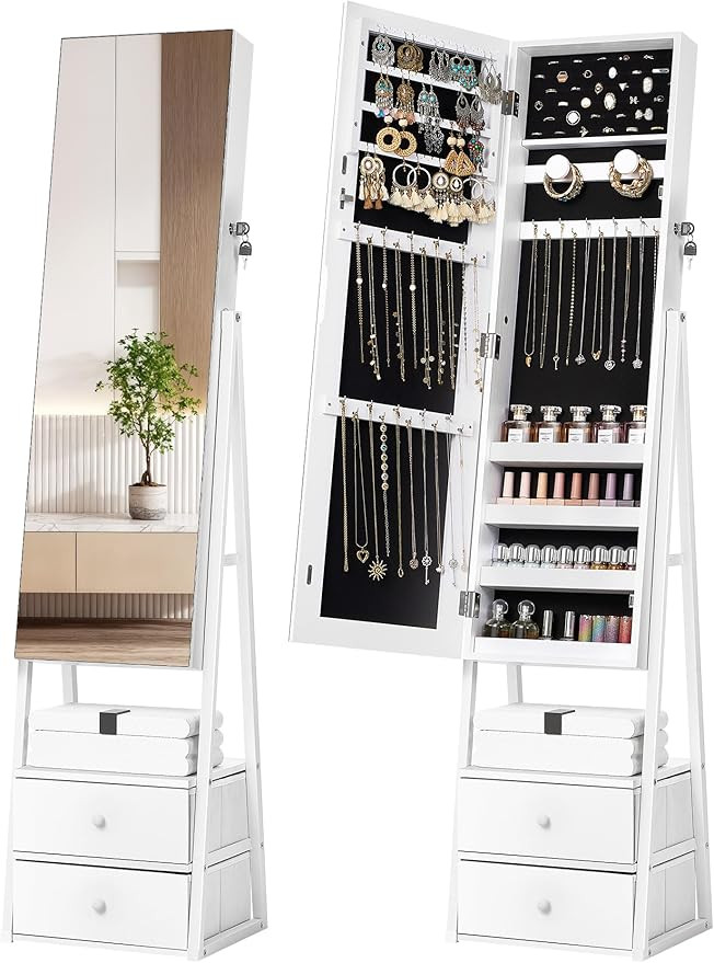 Nicetree Jewelry Cabinet Armoire with 2 Drawers, Lockable Standing Mirror Jewelry Cabinet, Full L... | Amazon (US)
