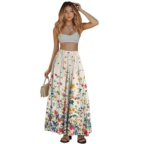 Women's Flowy Maxi Skirt Lightweight Floral Pleated Skirt Casual Cozy A Line Boho Long Skirts with Pockets | Amazon (US)