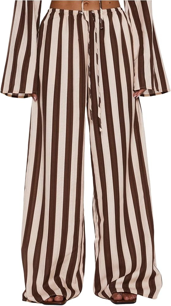 MakeMeChic Women's Striped Pants Wide Leg Tie Front Elastic Waist Trousers | Amazon (US)