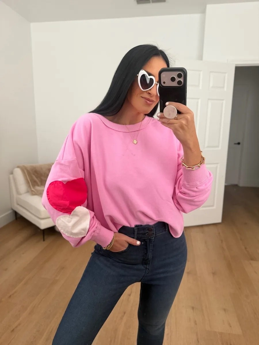 Women's Valentine's Day Patchwork Crewneck Sweatshirt - JoyLab™ Pink wearing size medium

