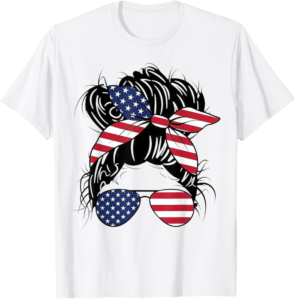 Messy Bun USA Flag Glasses American Flag American Girl T-Shirt | Amazon (US)