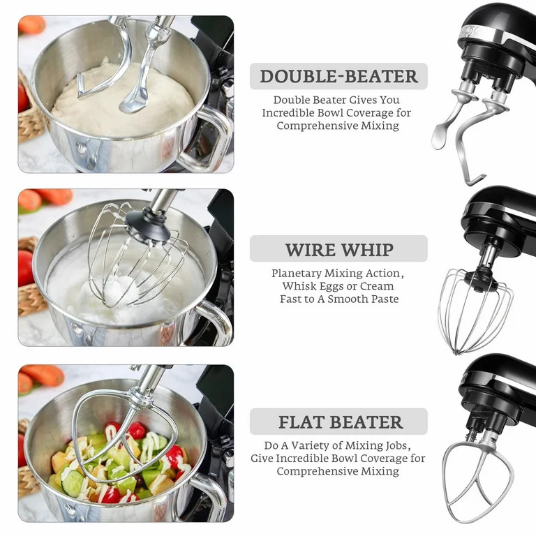 AICOK Stand Mixer with Double Hook, 6 Speeds, 5.5Qt Stainless Steel Bowl, Beater and Whisk Black | Walmart (US)