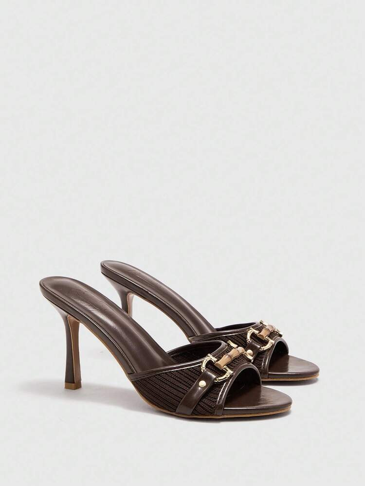 CUCCOO BIZCHIC 8.8cm Heel Height Brown PU Mixed With Gold Buckle Decor Retro Fashion Round Toe Mu... | SHEIN