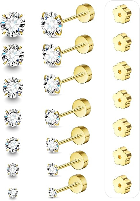 7 Pairs 20G Flat Back Stud Earrings for Women Men Hypoallergenic 14K Gold Plated Surgical Steel S... | Amazon (US)