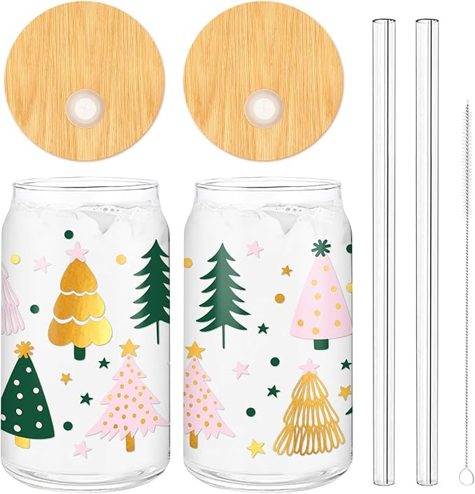 Whaline 2Pcs Christmas Drinking Glasses Gold Foil Pink Green Tree Iced Coffee Cup 16oz Boho Xmas ... | Amazon (US)