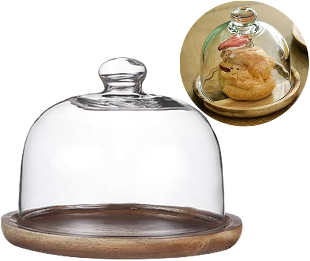 Glass Dessert Dome with Wood Base,Mini Cake Stand,Cake Plate Wooden Plates with Dome,Fruit Displa... | Amazon (US)