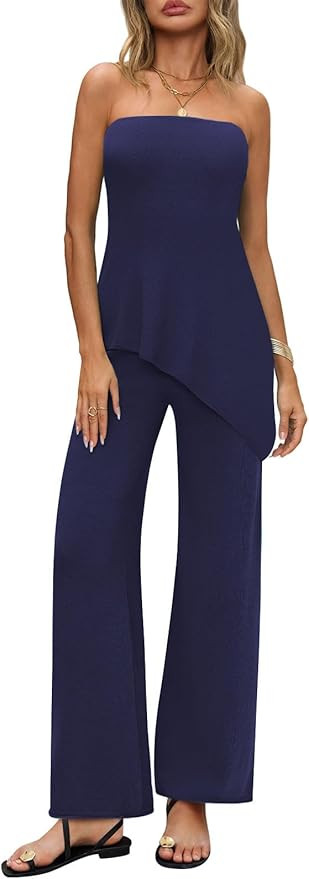 Womens 2 Piece Sets Summer Travel Vacation Outfits 2025 Lounge Matching Sweater Set Knit Tube Top... | Amazon (US)