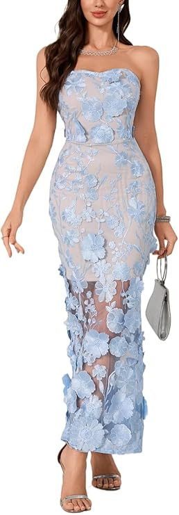 Women's 3D Floral Embroidery Dress Sheer Mesh Square Neck Lace Bodycon Party Cocktail Mini Dress | Amazon (US)