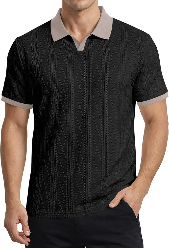 JMIERR Men's Casual Short Sleeve Cable Knit Texture Polo Shirts Cotton Stretch Johnny Collar Tee ... | Amazon (US)