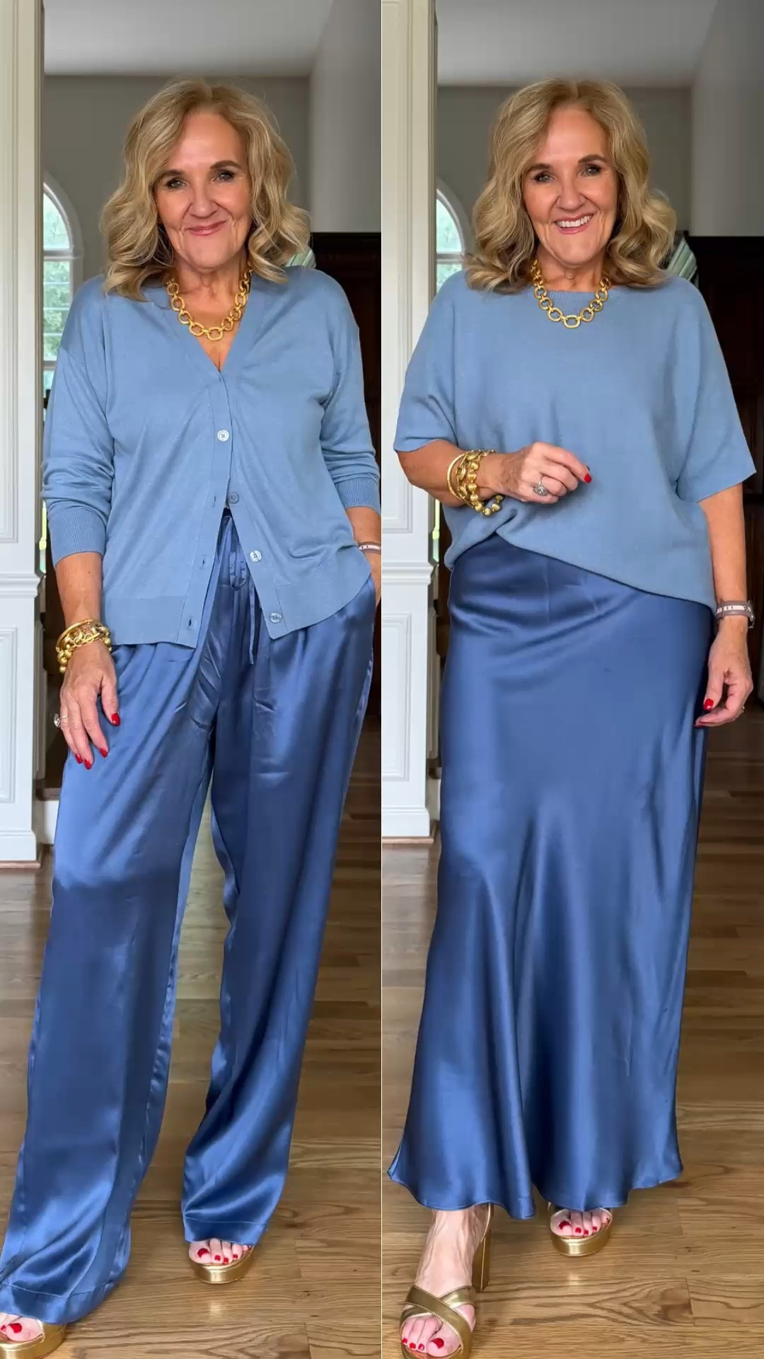 Wedding guest style: pants girl or skirt girl? 💙 Two polished options in the prettiest blue palette—satin wide-leg pants for an elegant, comfortable look or a satin midi skirt for a more feminine feel.

💡 LTK MADE EASY
❤️ Heart = Support my posts!
🔖 Save = Get sale & restock alerts
📋 Lists = Keep favorites organized
📲 Share = Send lists and products to a friend. Hello, Christmas List!
💬 Comment = Ask me anything about what I'm wearing.:-)

#LTKootd #LTKWedding #LTKOver40