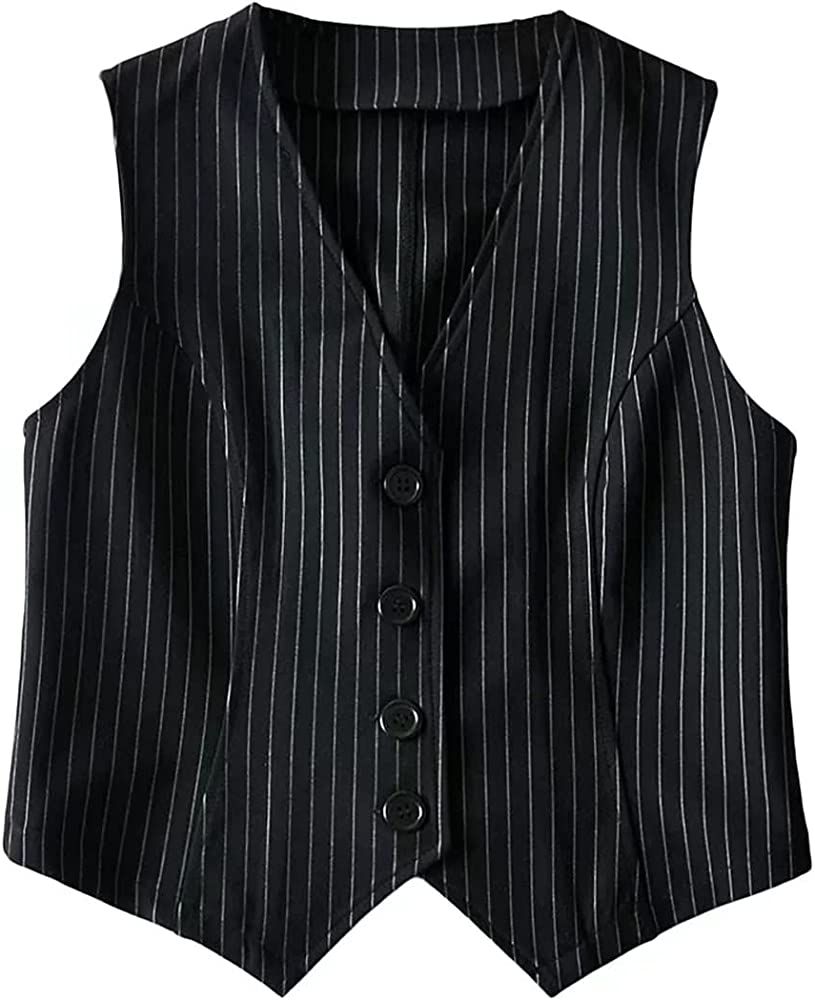 Jeovuanun Womens Striped Button Dressy Vest Jacket Casual Stretchy OL Fitted Tuxedo Suit Waistcoat | Amazon (US)