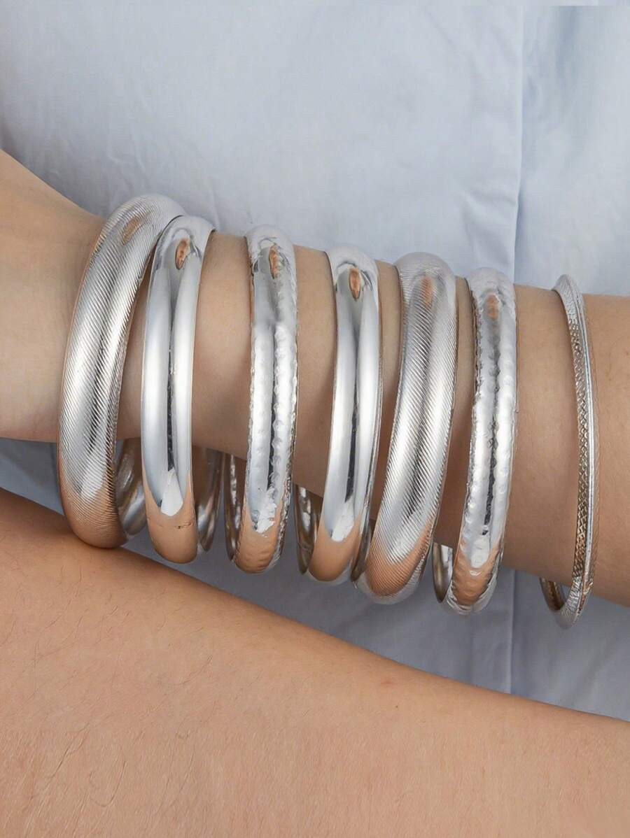 7Pcs Chunky Wheels Metal Cuff Bangles Bracelets Set , Women Bracelets Set , Stacked Bangles Jewel... | SHEIN