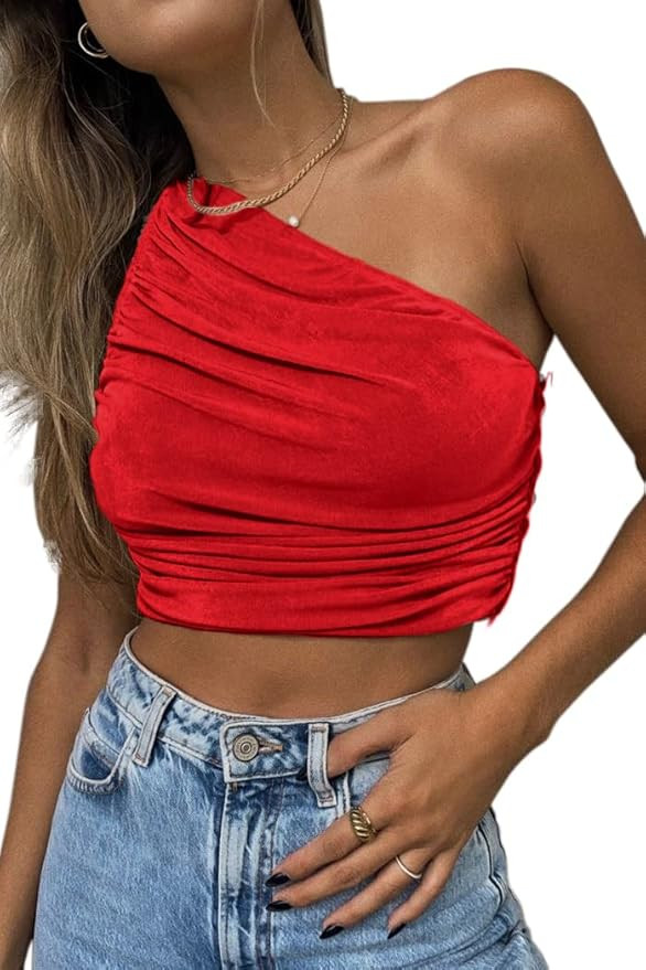 CHYRII Women's Sexy Sparkly One Shoulder Crop Tops Sleeveless Ruched Tank Tops | Amazon (US)