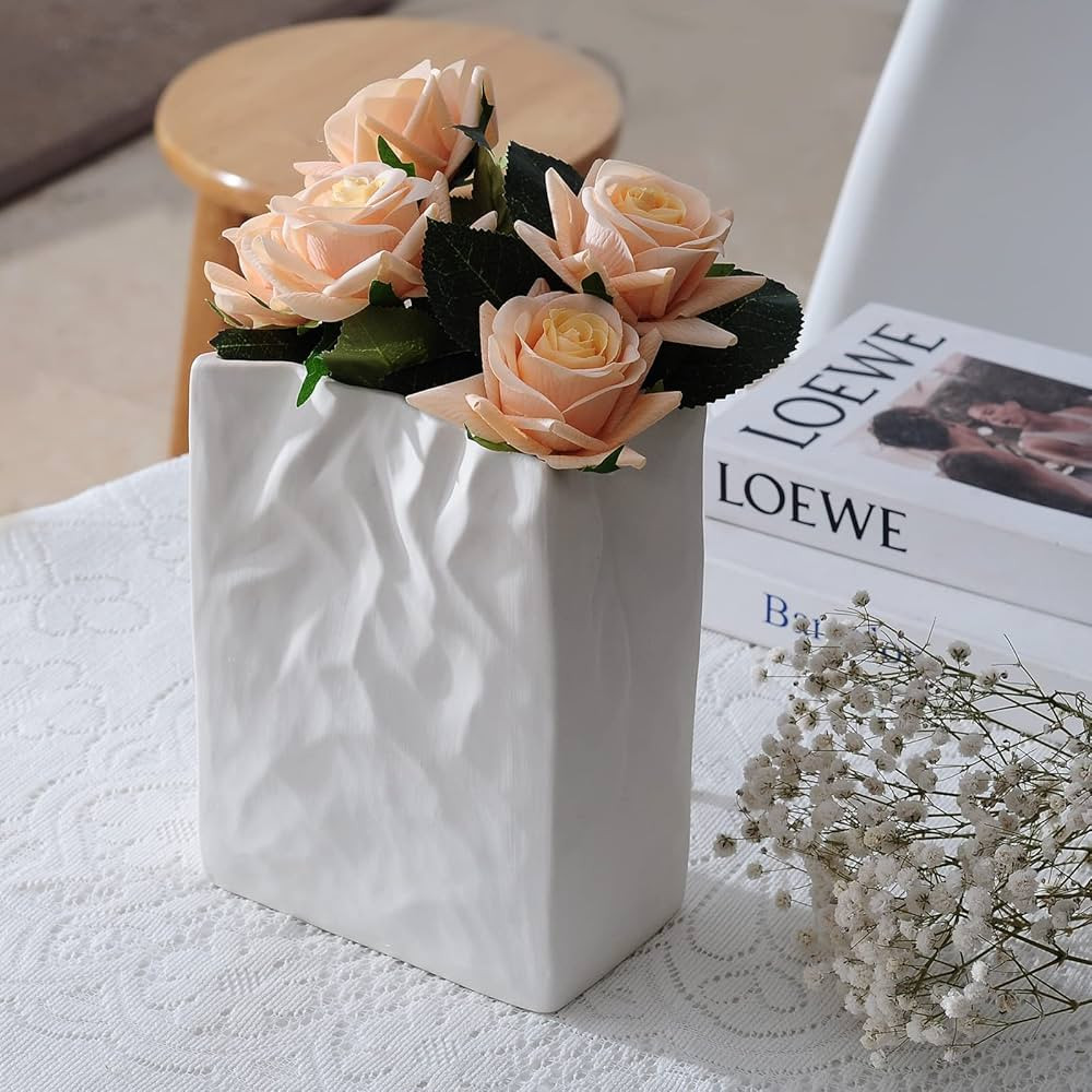 Levvohd White Crinkle Paper Bag Ceramic Vase, Unique Square Wide Mouth Pleated Big Vases, Aesthet... | Amazon (US)