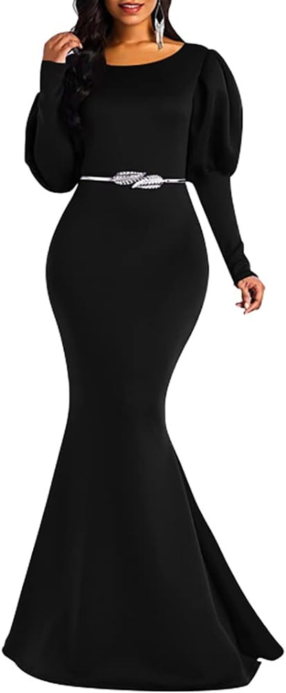 Memoriesea Women's Elegant Long Puff Sleeve Crew Neck Bodycon Mermaid Evening Gown Maxi Dress | Amazon (US)