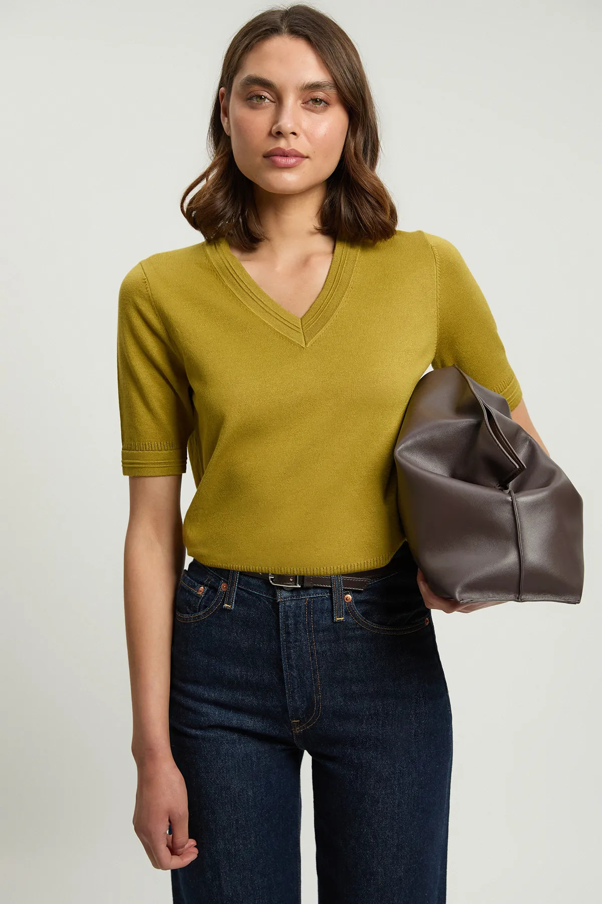 Forever Viscose Blend V Neck Knitted Short Sleeve Top | Karen Millen