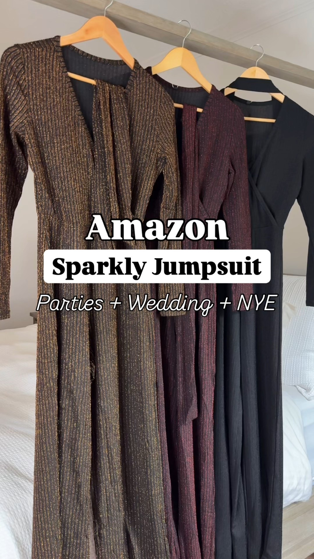 Sparkly jumpsuits for NYE or night out. I paired these with sparkly shoes and bags. Sparkly heels are TTS. Outfit great for Vegas or a concert, too! Wearing small. Colors are 085black, gold-01, and 085 burgundy.

#LTKHoliday #LTKWedding #LTKgrwm