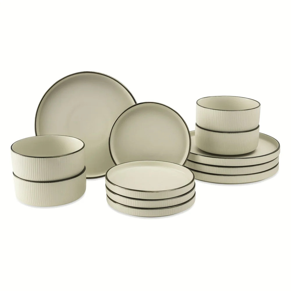 Thyme & Table 12-Piece Cream Ribbed Stoneware Dinnerware Set, Service for 4, Aden Collection | Walmart (US)