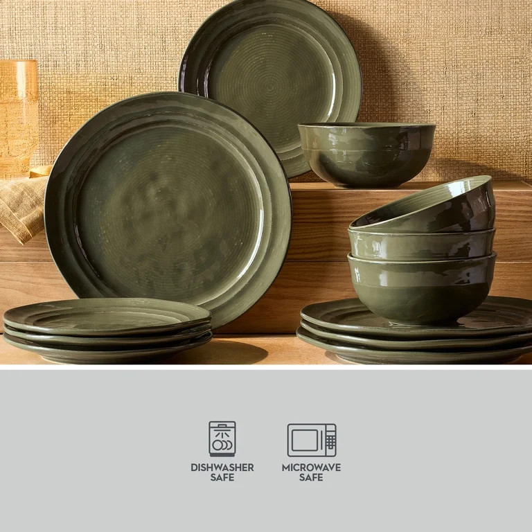 Better Homes & Gardens Artisan 12-Piece Green Stoneware Dinnerware Set (Service for 4) | Walmart (US)
