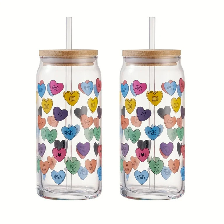 Mainstays Glass 20 oz Can Sipper Colorful Heart Conversation, 2 Pack | Walmart (US)