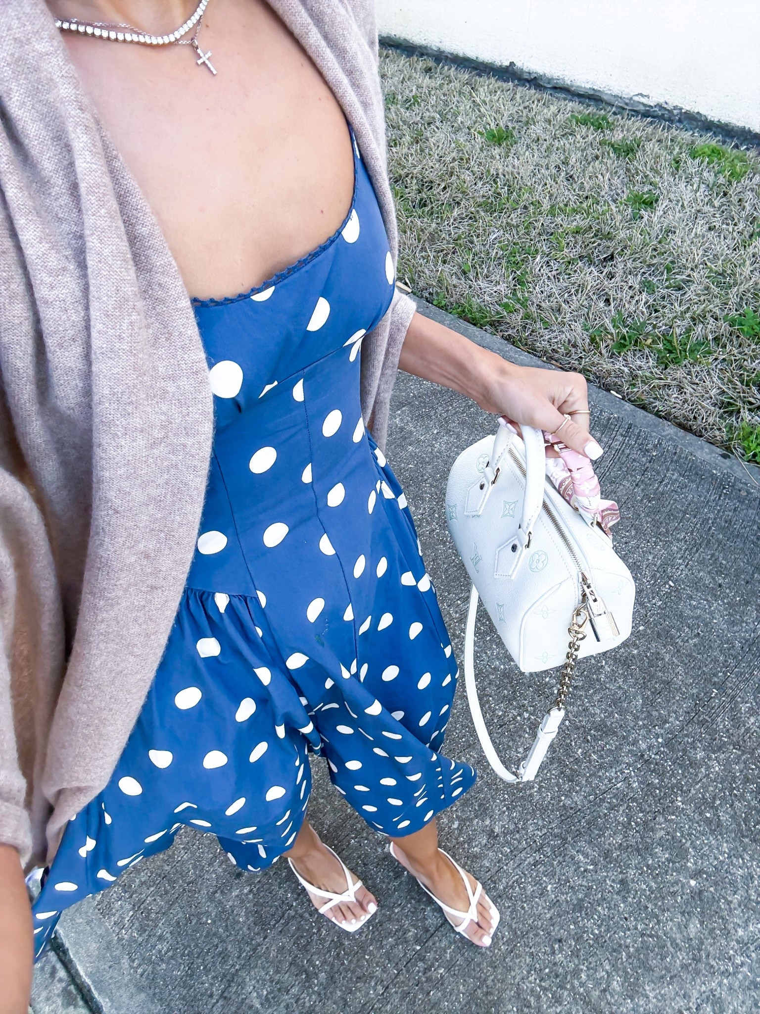 My church outfit of the day! Polka dot midi dress in XXS petite. Spring outfit. Resort wear. Vacation dress. Summer dress. Wedding shower dress. Baby shower dress. Cream strappy sandals are TTS. 

#LTKWedding #LTKootd #LTKTravel