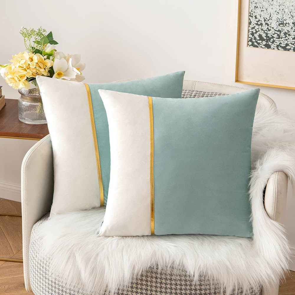 MIULEE Pack of 2 Decorative Velvet Throw Pillow Covers Patchwork with Gold Leather Square Soft So... | Amazon (US)