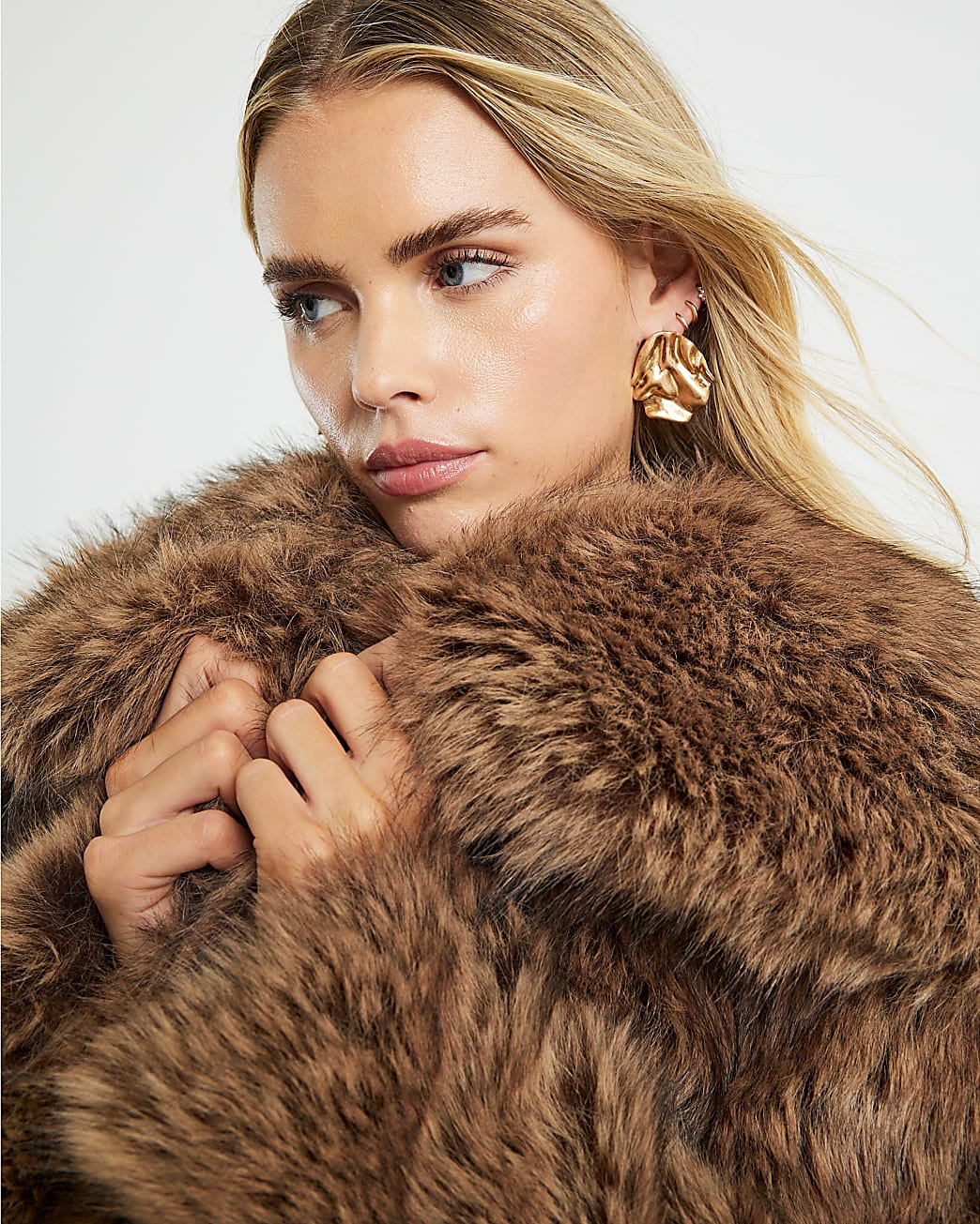 Petite Brown Faux Fur Collared Jacket | River Island UK & IE