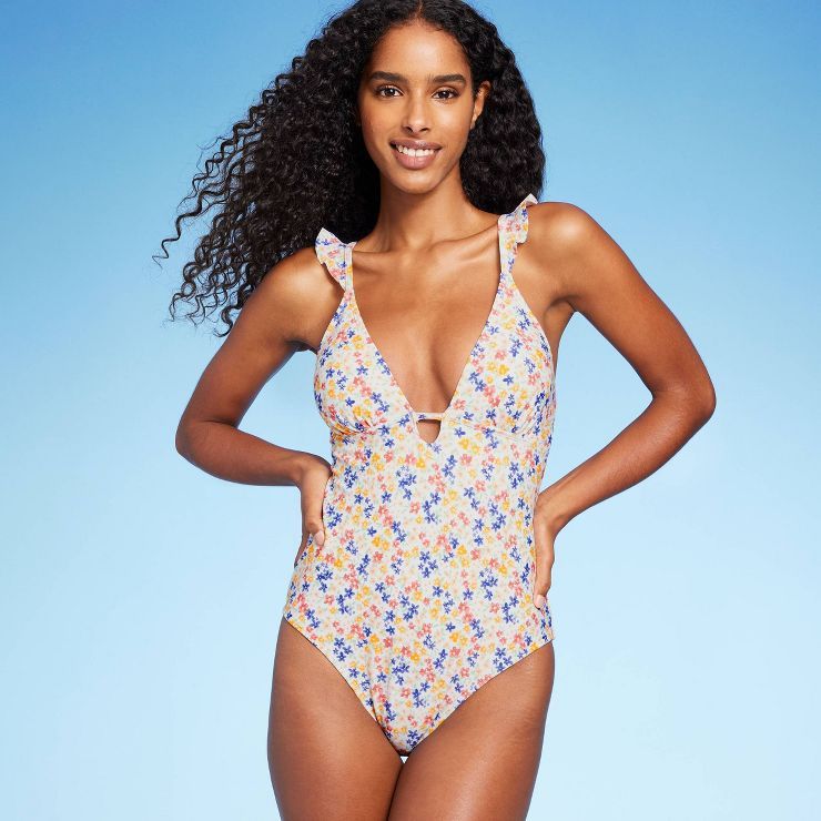 Women's Ruffle Shoulder Plunge One Piece Swimsuit - Shade & Shore™ Ditsy Floral Print | Target