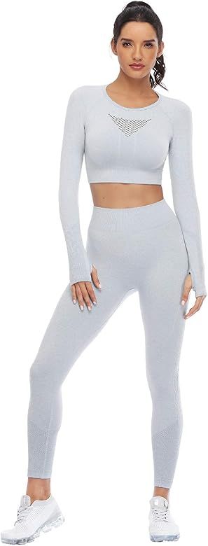 Seamless Workout Sets for Women 2 Piece Long Sleeve Crop Tops and High Waisted Leggings for ... | Amazon (US)