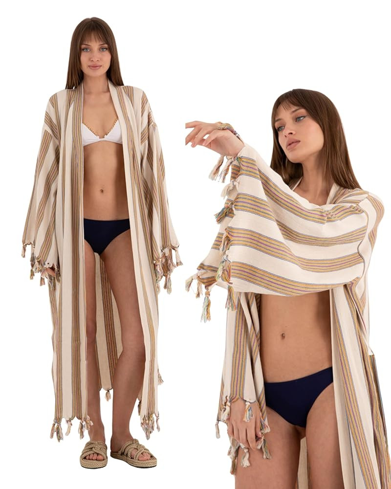 Linen Kimono for Women – Boho Beach Wear Kaftan - Long Vintage Robe - Turkish Handmade Festival... | Amazon (US)