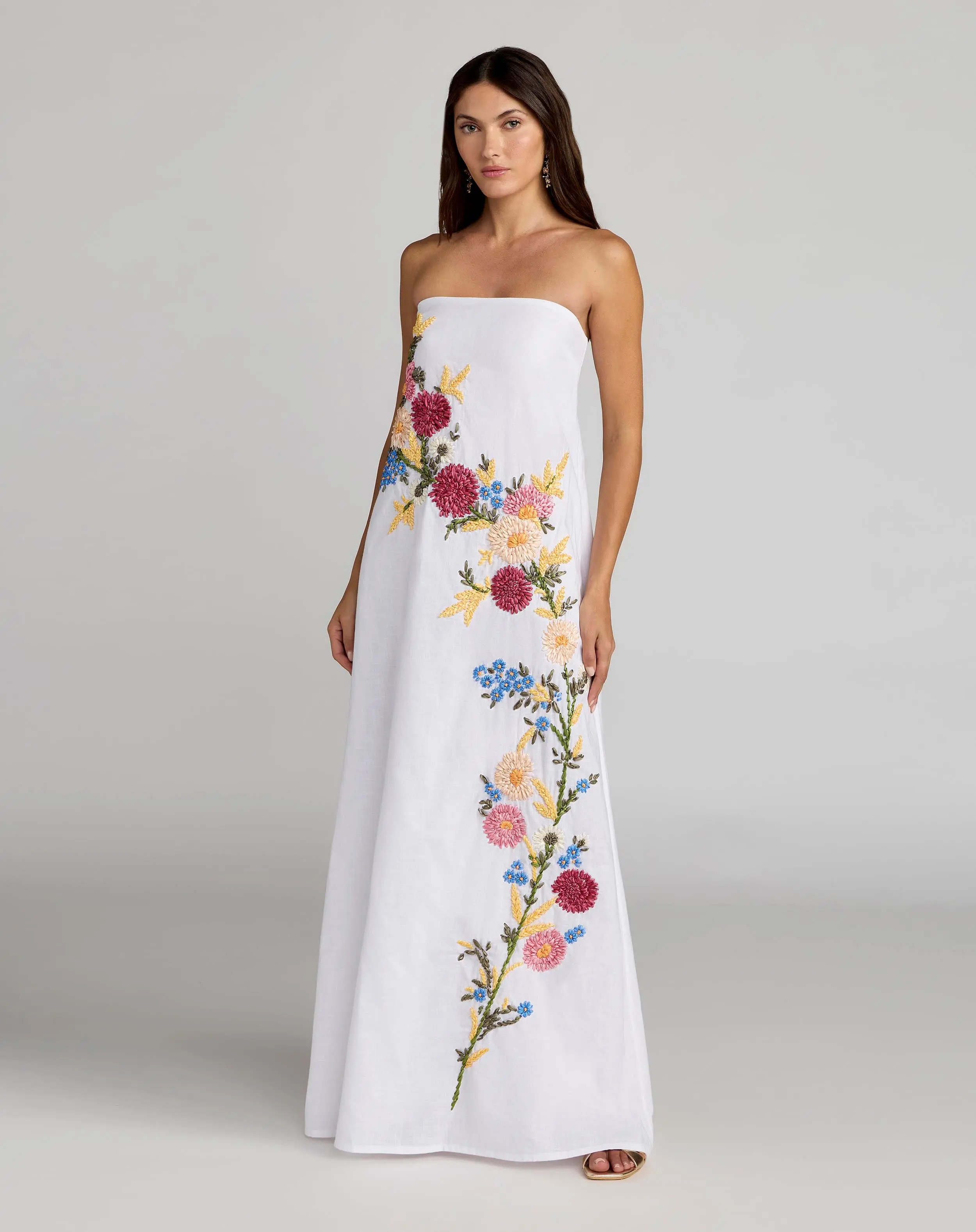 Mac Duggal - White Strapless Floral Embroidered Linen Gown - White Multi / US S | Mac Duggal