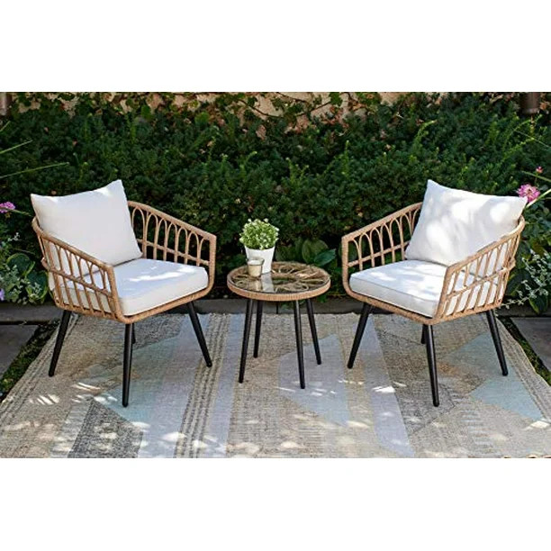 Quality Outdoor Living 65-YZ03HM Hermosa 3 Piece Chat Set, Tan Wicker + Linen Cushions - Walmart.... | Walmart (US)