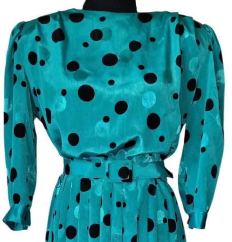 Vintage Teal Polka Dot Midi Dress | 80s Jacquard Puff Shoulder Belted Party Dress | Etsy (Global)
