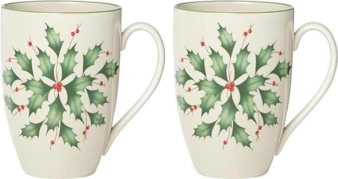 Lenox Coffee Mugs, Hosting The Holidays 2-Piece Holly 14 Oz Mug Set, Ivory Porcelain, Dishwasher ... | Amazon (US)