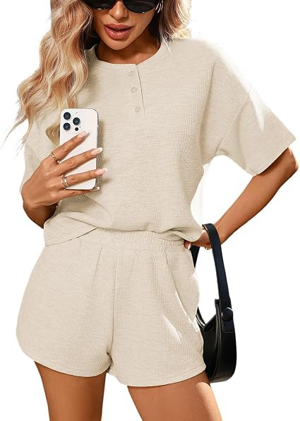 2 Piece Sets for Women Waffle Knit Lounge Sets Summer Outfits 2026 Cropped Henley Top High Waiste... | Amazon (US)