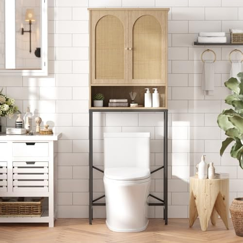 Rattan Toilet Storage Cabinet, Over the Rack Wood Cabinet with Metal Stand, Bathroom Organizer with Adjustable Shelf, Tall Freestanding Washer Shelf, Small Cupboard, Space Saver, Natural style | Amazon (US)