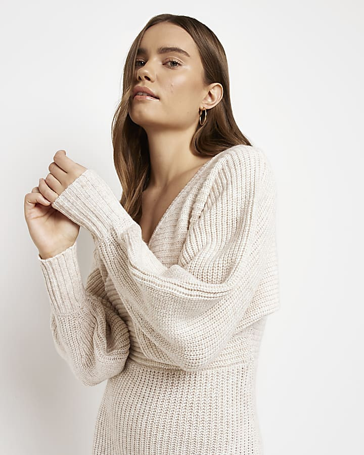Beige knit long sleeve wrap midi dress | River Island (UK & IE)