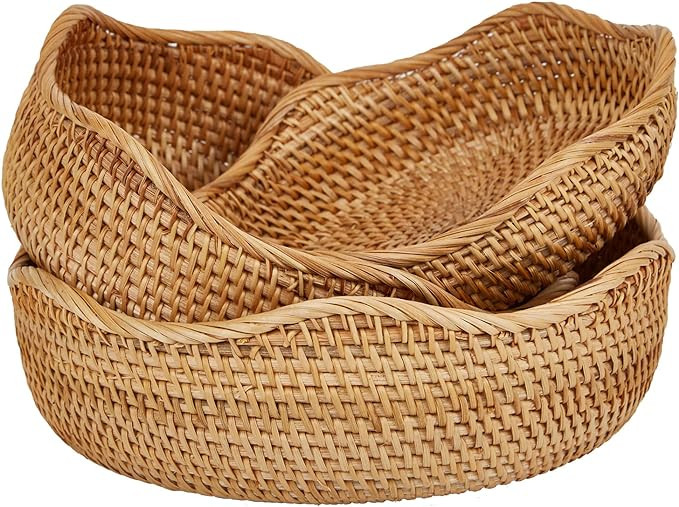 Natural Rattan Round Fruit Basket Bowls, Hand Woven Decor Serving Baskets, Wicker Storage for Din... | Amazon (US)