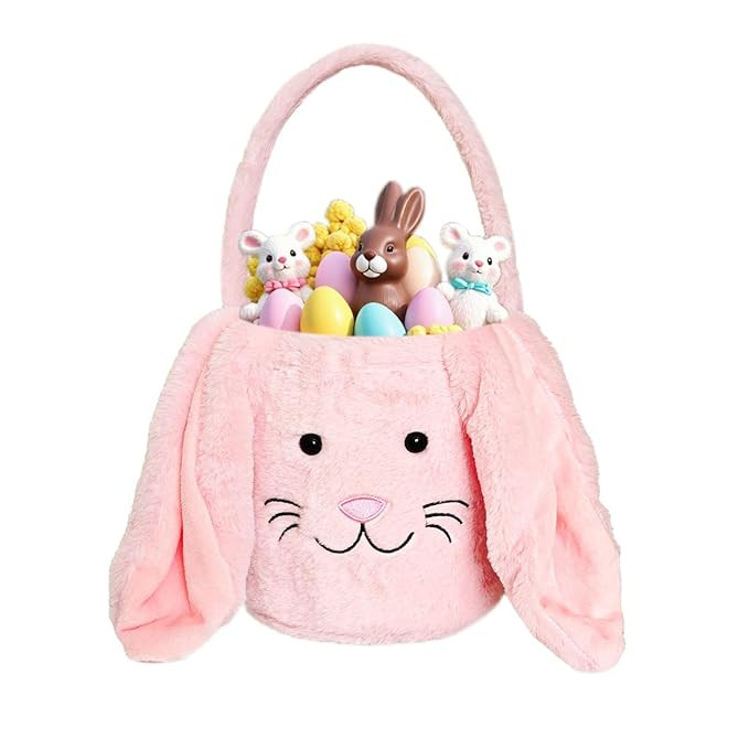 Easter Bunny Basket for Kids, Fluffy Easter Egg Hunt Bag Soft Fabric, Cute Rabbit Tote Bags with ... | Amazon (US)