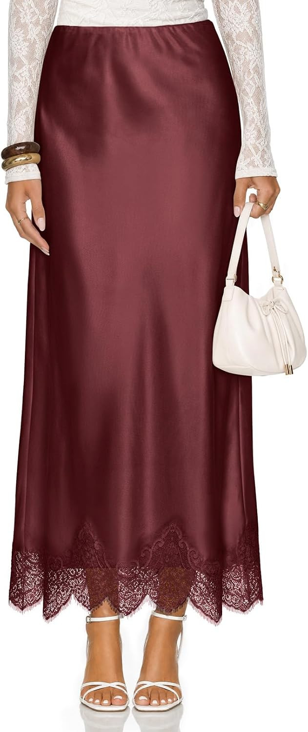 MEROKEETY Satin Lace Trim Maxi Skirts High Waisted Long Skirt for Women | Amazon (US)