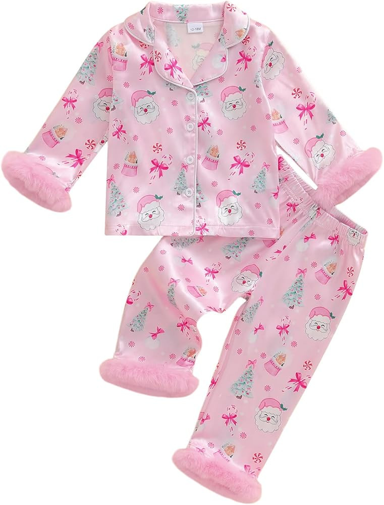 Kuriozud Kids Toddler Girl Satin Pajamas Fuzzy Trim Long Sleeve Button Down Shirt Top and Pants 2... | Amazon (US)