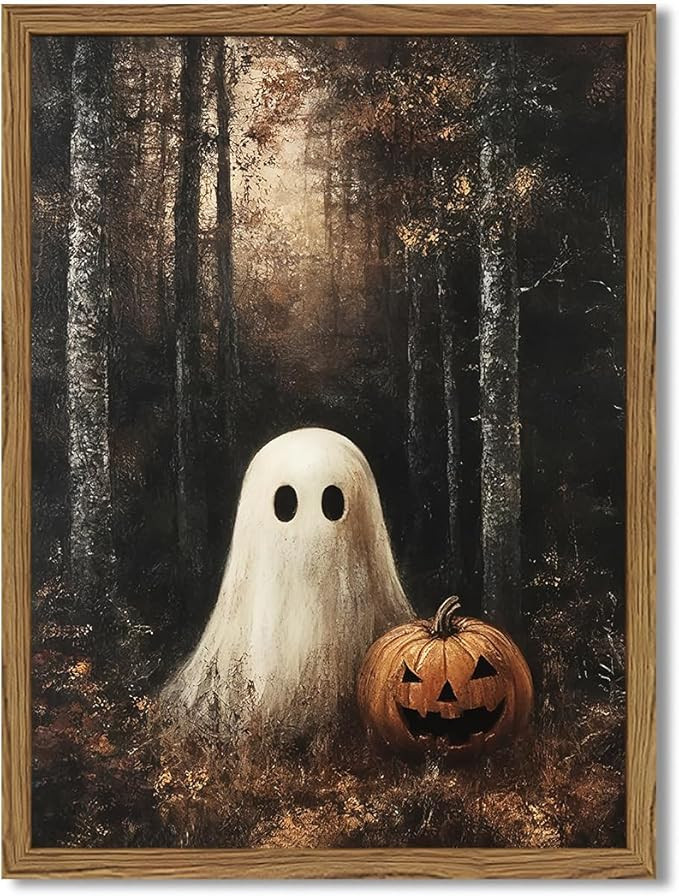 Framed Vintage Halloween Ghost Canvas Wall Art, Cute Ghost Pumpkin Wall Decor Paintings, Gothic D... | Amazon (US)