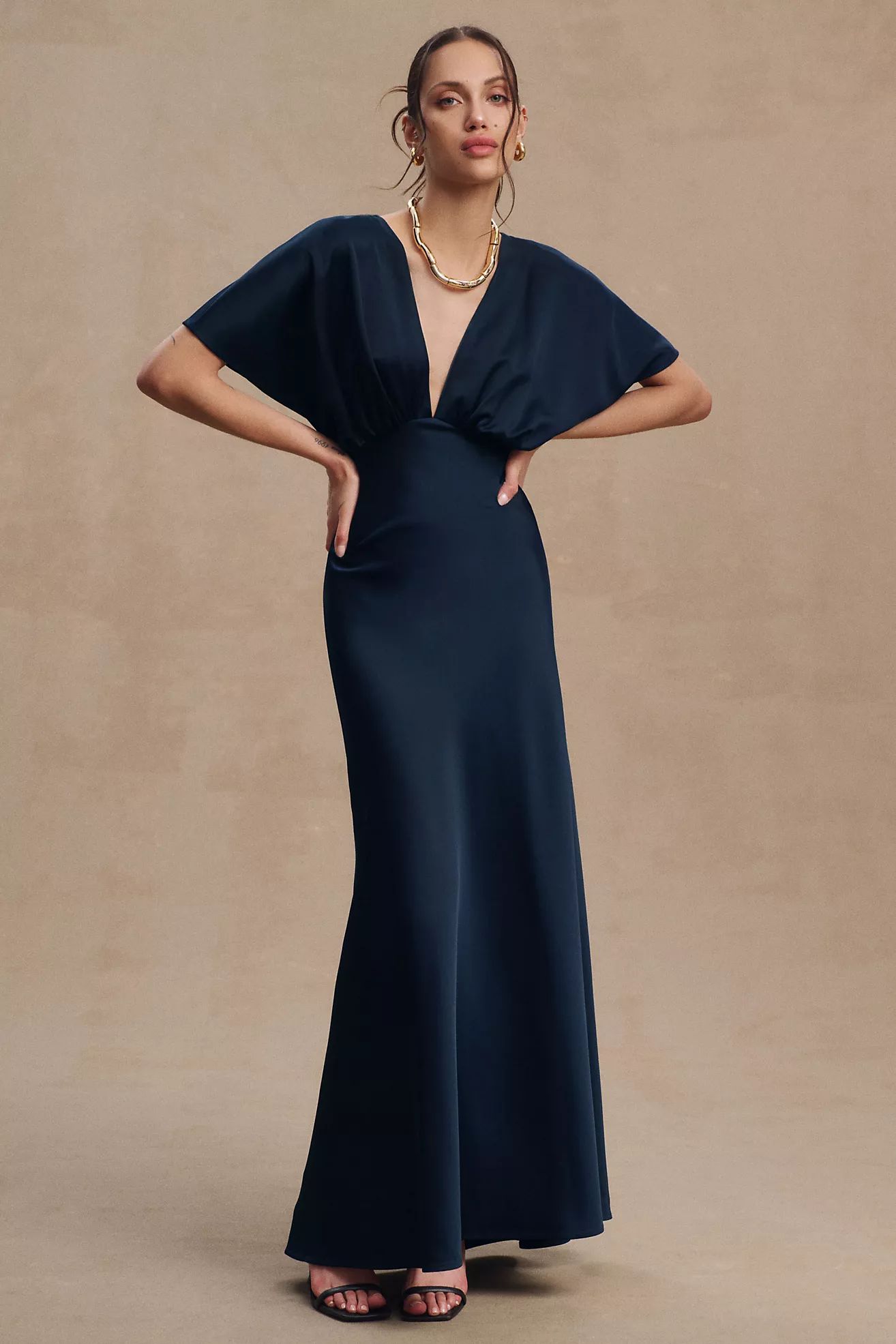 BHLDN Leila Deep-V Flutter-Sleeve Satin A-Line Gown | Anthropologie (US)